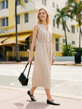 100% Linen Ruffle Trim Elasticated Waist Sleeveless Midi Dress LUCINDA