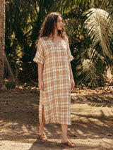 100% Linen Plaid Deep V-Neck Drop Shoulder Side Slit Maxi Dress LESLIE