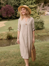 100% Linen Stand Collar V-Slit Tab Sleeve Maxi Dress LEORA