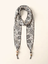 Multi-Functional Floral Satin Scarf With Jade Bead Accents