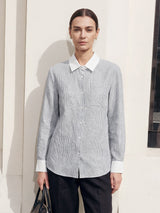 100% Linen Striped Patchwork Pleat Shirt THEA