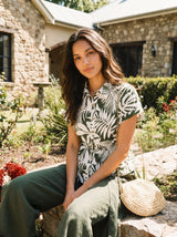 Linen Palm Print Drawstring Waist Cuffed Sleeve Shirt HILDEGARD