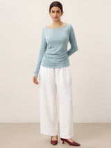 Wool Side Ruched Boat Neck Stretch Top VIVIEN