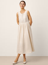 100% Linen Sleeveless Crew Neck Waist Pleated Maxi Dress SELENE