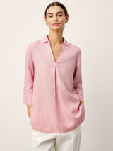 100% Linen Layered Lapel V-neck Sculpted Front Pleat Longline Top ODALYS