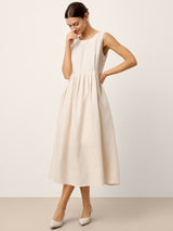 100% Linen Sleeveless Crew Neck Waist Pleated Maxi Dress SELENE