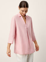 100% Linen Layered Lapel V-neck Sculpted Front Pleat Longline Top ODALYS