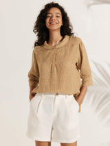 100% Linen Shawl V-Neck Half Sleeve Top JADE